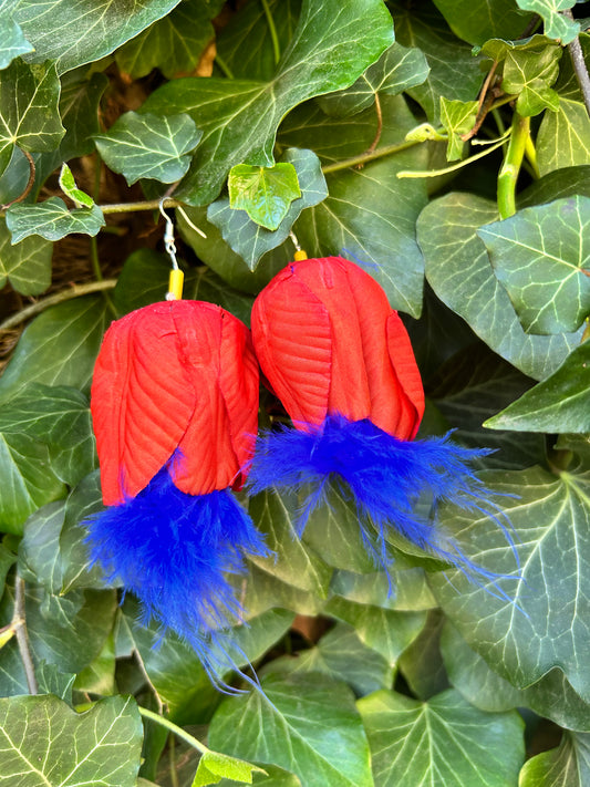 Red Tulip blue feather Ear Art